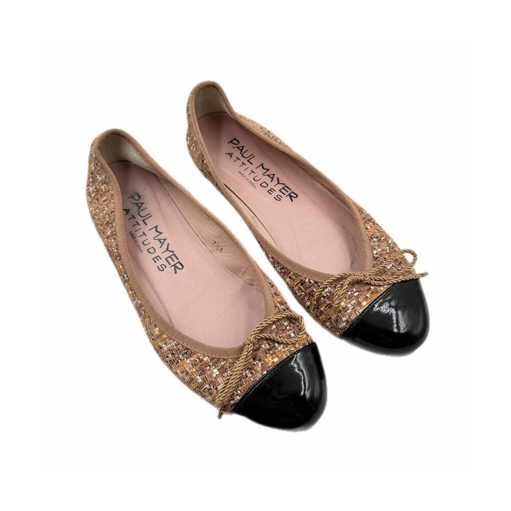 Paul Mayer Attitudes Tan Tweed Black Patent Leather Cap Toe Classic Ballet Flats